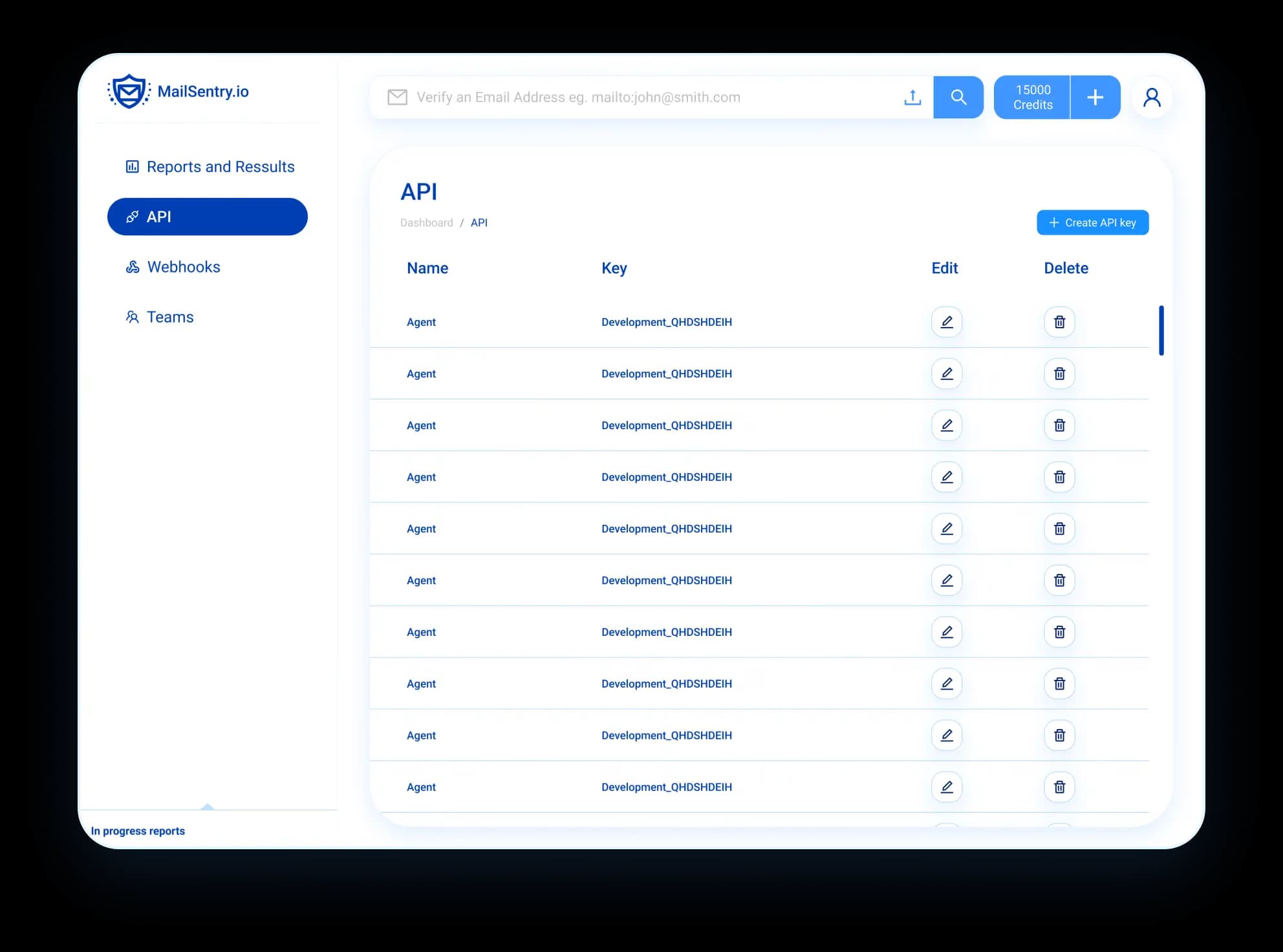 API key generation interface on MailSentry for streamlined email validation service integration