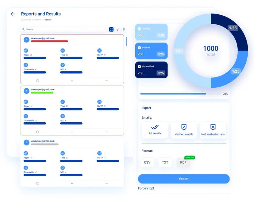 Graphic showcasing email validation service with illustrations of screens, a counter at 1000, and a 'Read the Docs' button.