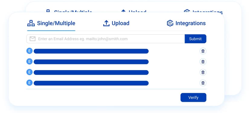 Screenshot of an email validation form interface with 'Single/Multiple' and 'Upload' tabs, and a 'Submit' button.